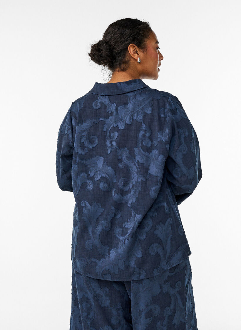 Blouse &agrave; motif tiss&eacute; textur&eacute; et col en V, Bleu, Model image number 2
