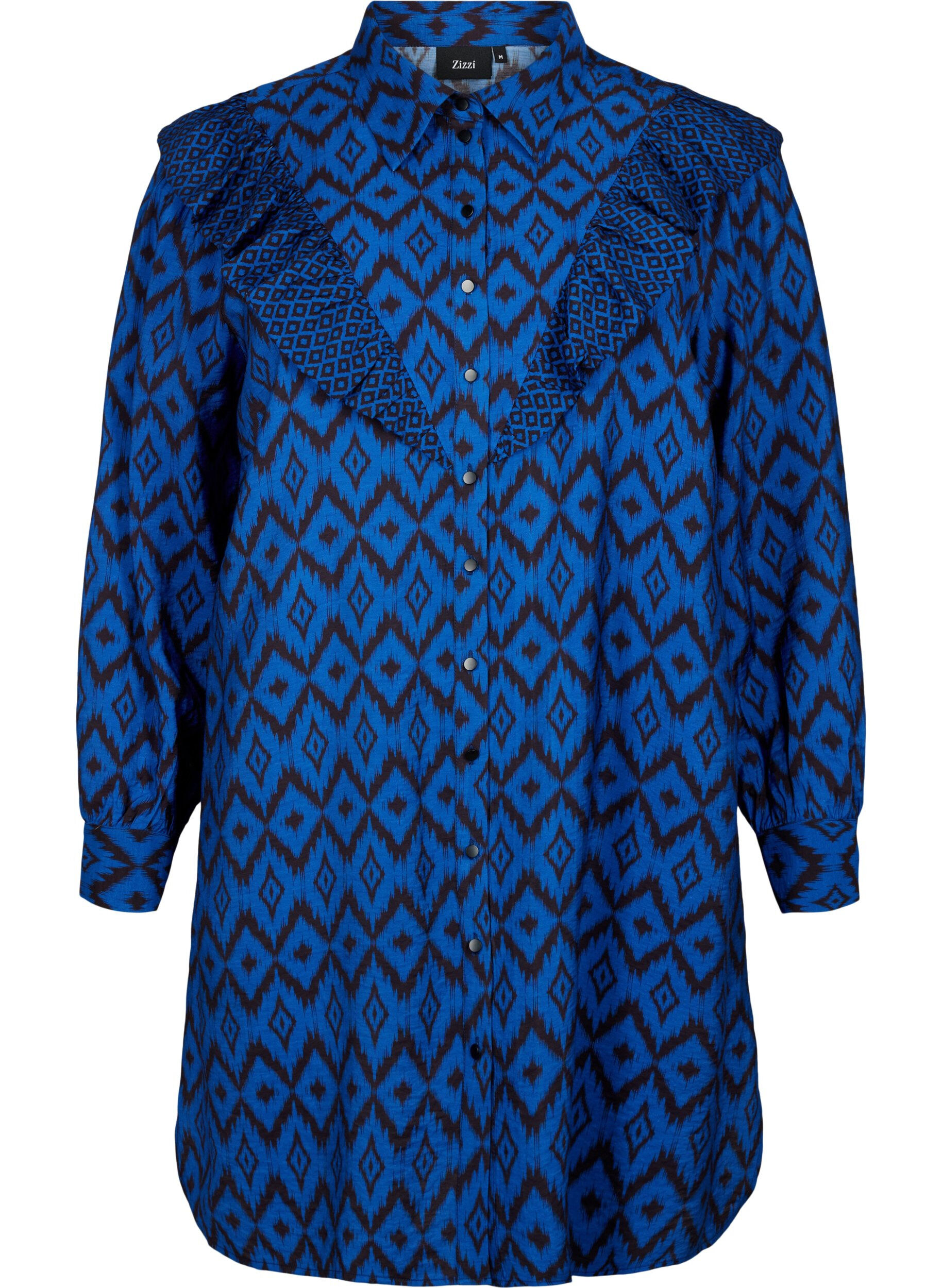 Zizzi Chemise longue en viscose avec imprim&eacute; et volants, True blue w. Black, Packshot image number 0