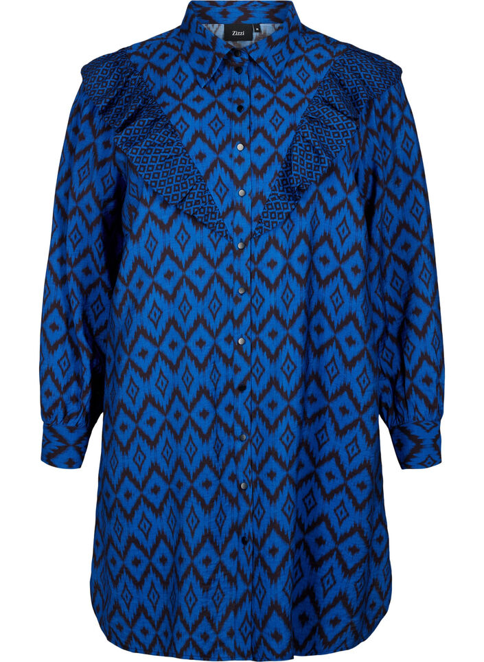 Chemise longue en viscose avec imprimé et volants, True blue w. Black, Packshot image number 0