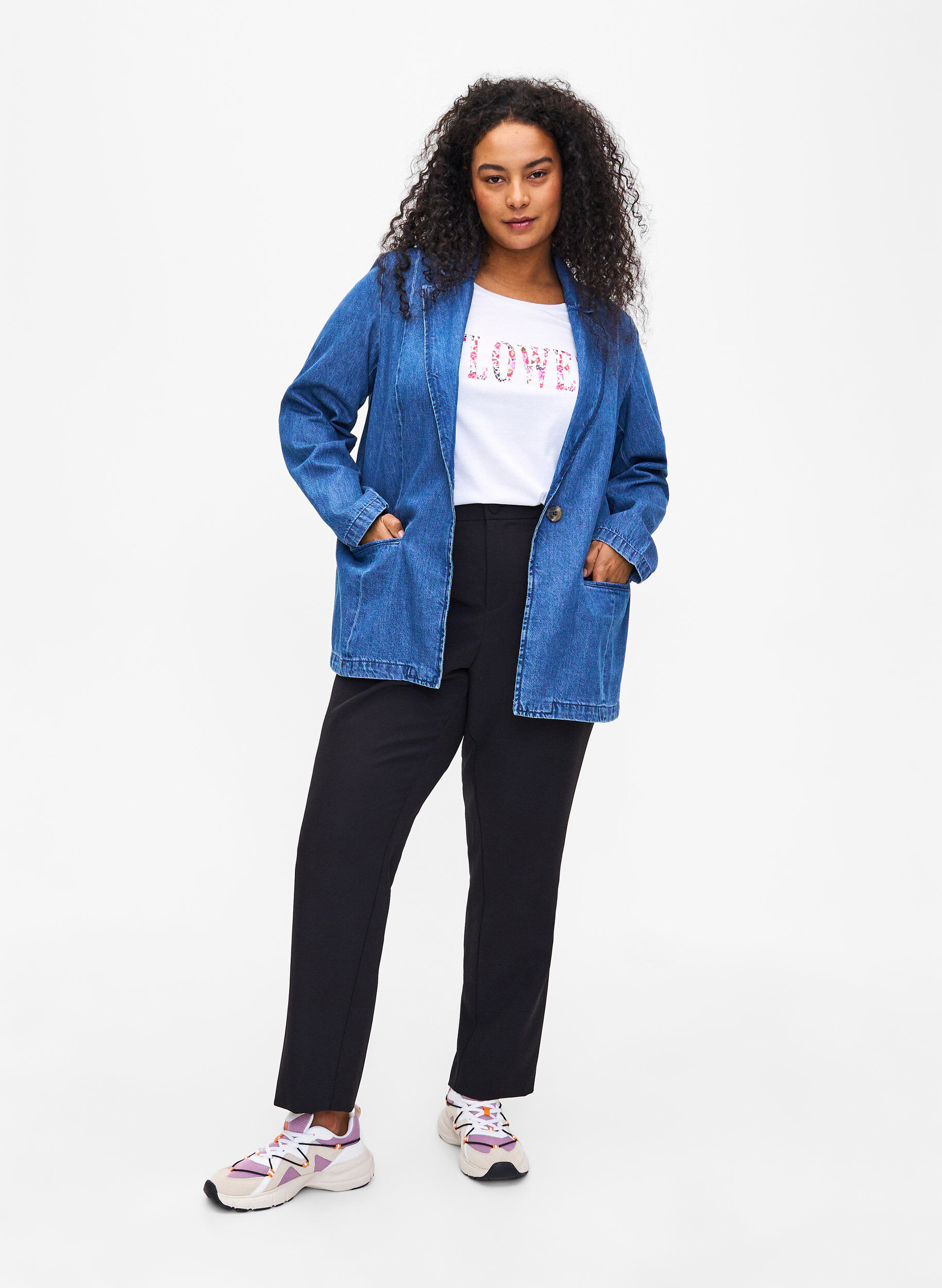 Zizzi Blazer en jean avec poches, Blue Denim, Model image number 2