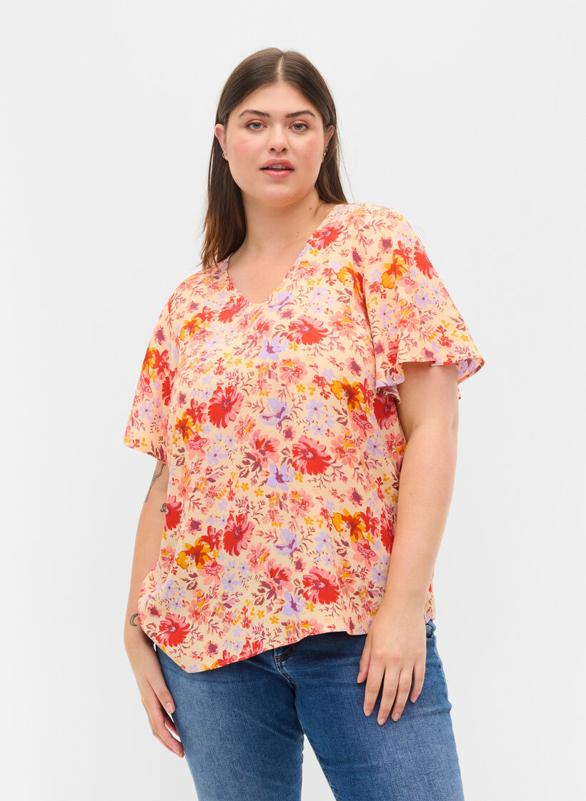 Blouse en viscose à manches courtes avec imprimé floral, Red Orange AOP, Model image number 0