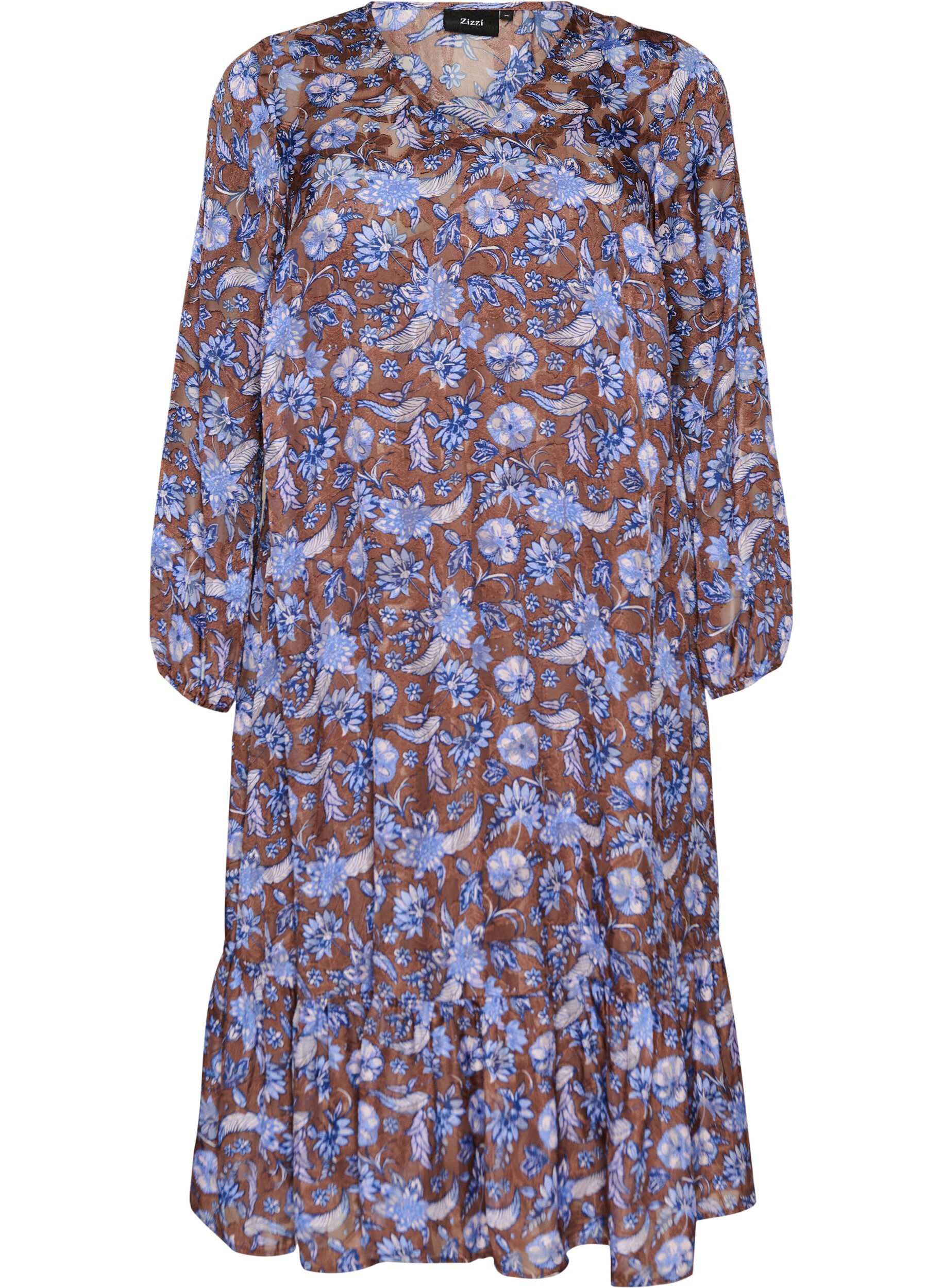 ZizziRobe midi &agrave; imprim&eacute; floral avec ourlet &agrave; volants, Marron, Packshot image number 0