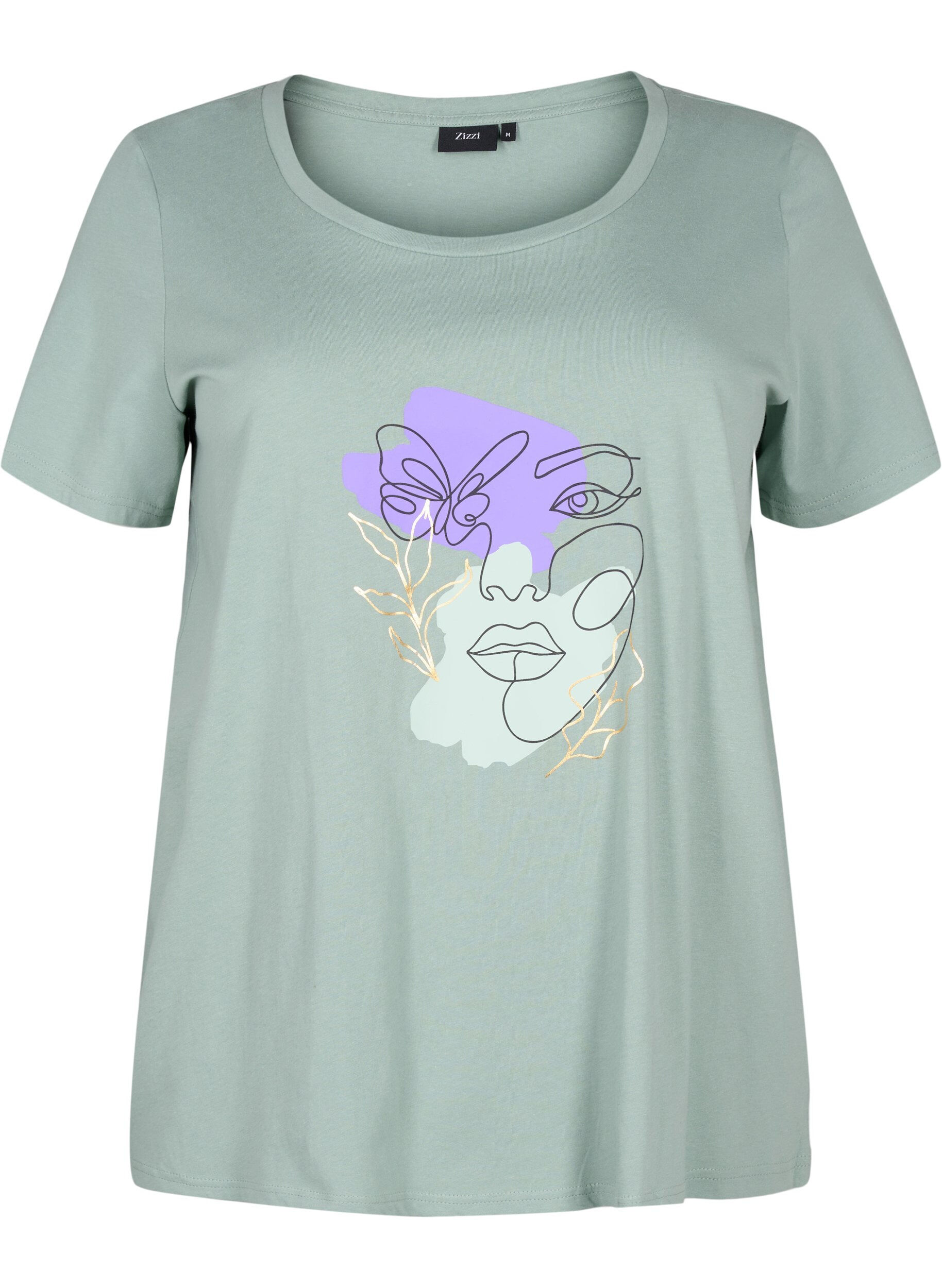 Zizzi T-shirt en coton avec motif, Ch. Green w. Face, Packshot image number 0