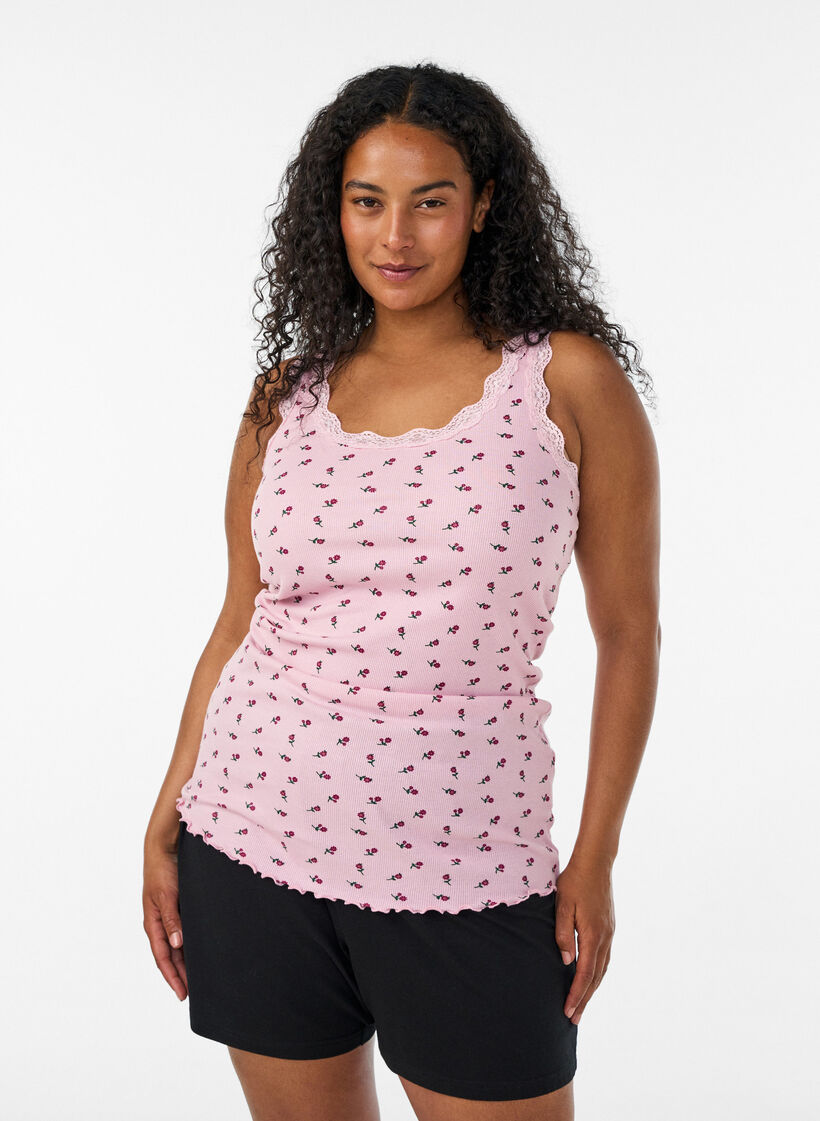 Top avec imprim&eacute; et bord en dentelle, Rose poudr&eacute;e, Model image number 0