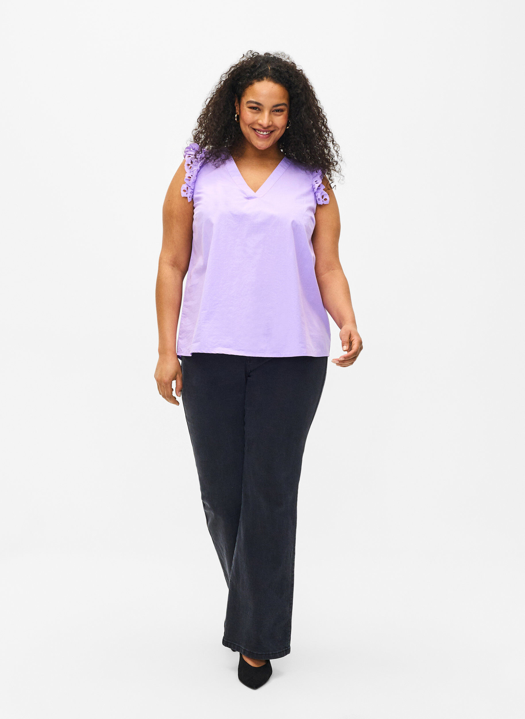 Zizzi Top en coton sans manches avec volants, Violet, Model image number 1