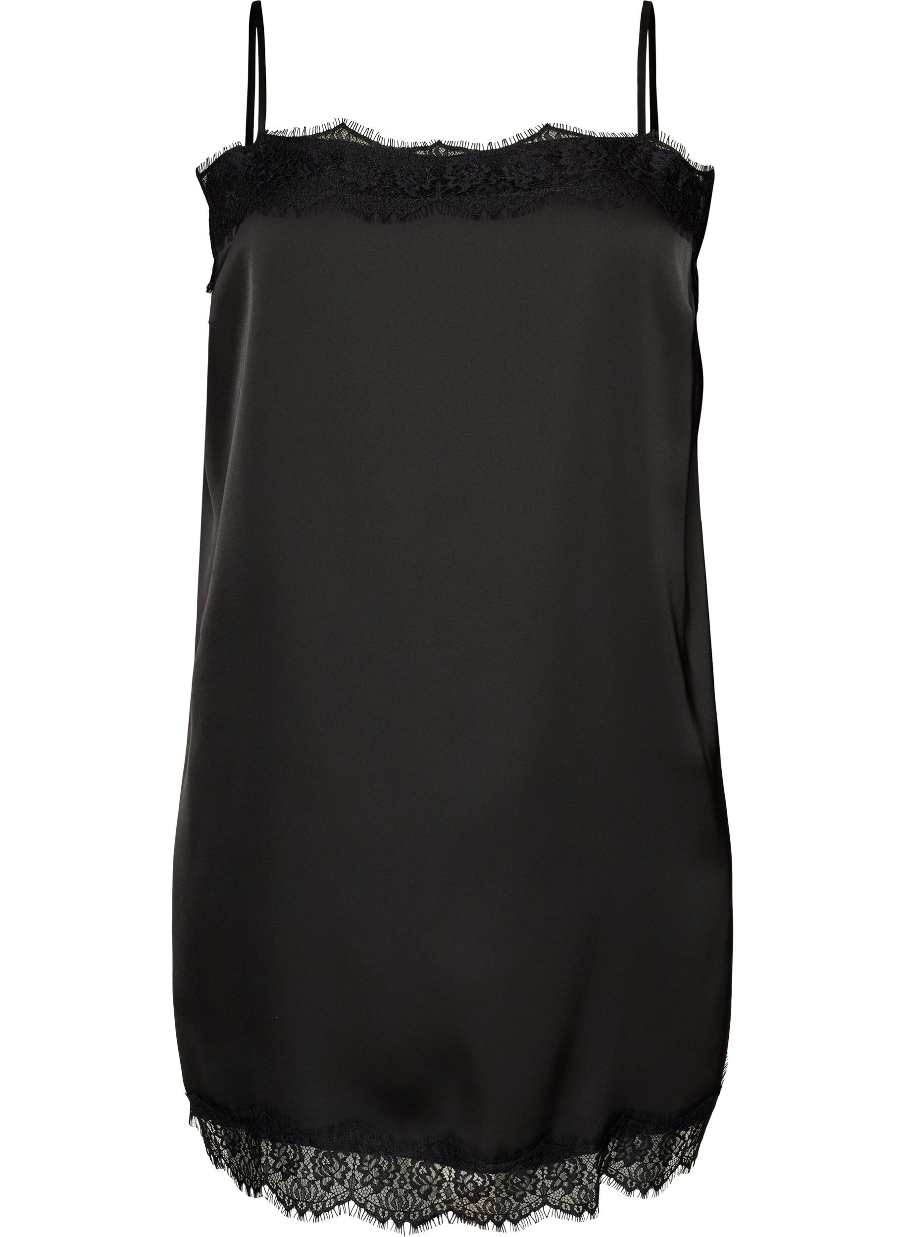 ZizziHaut long en satin bord&eacute; de dentelle, Noir, Packshot image number 0