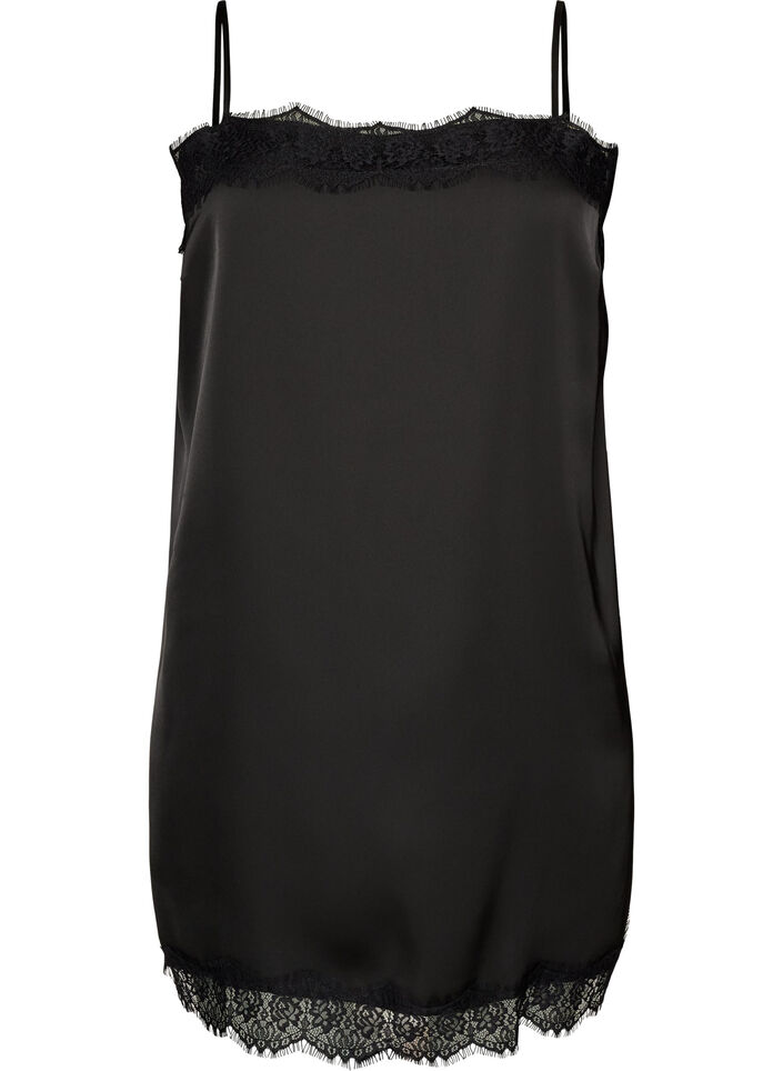 Haut long en satin bord&eacute; de dentelle, Noir, Packshot image number 0