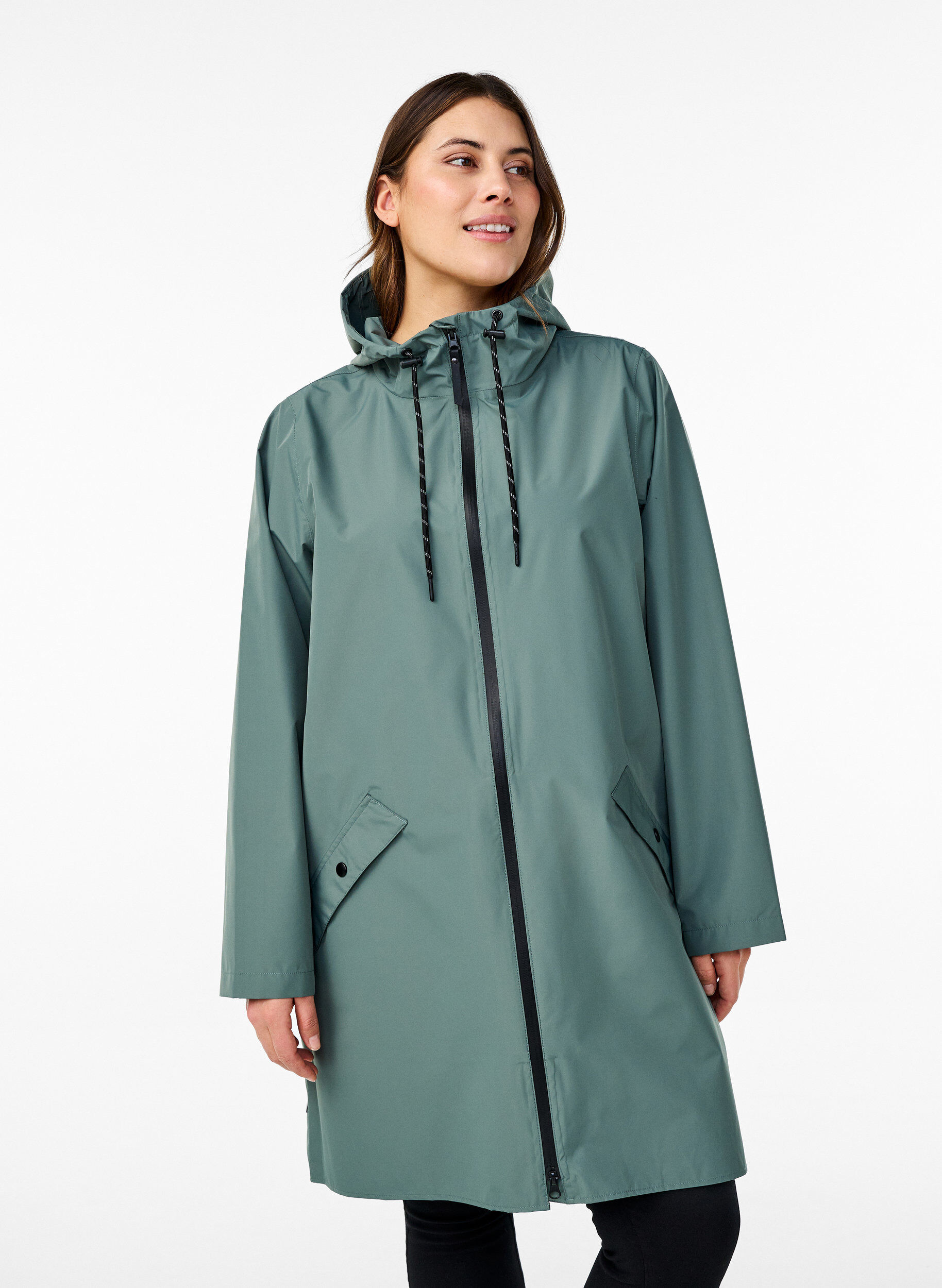 Zizzi Veste de pluie avec poches et capuche, Vert fonc&eacute;, Model image number 0