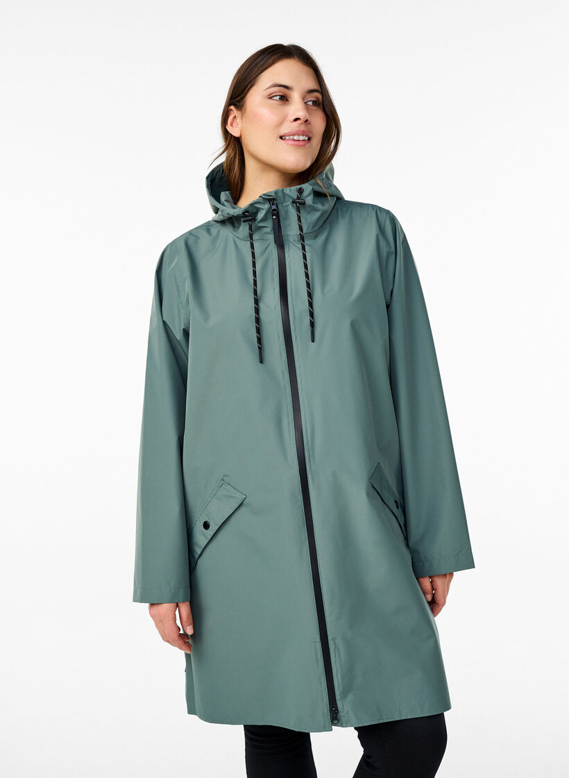 Veste de pluie avec poches et capuche, Vert foncé, Model image number 0