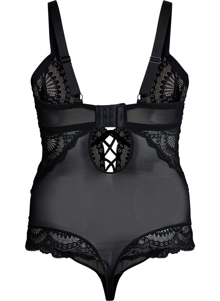 Body en dentelle avec d&eacute;tails lac&eacute;s, Noir, Packshot image number 1