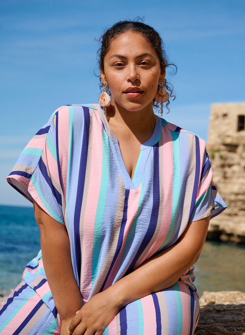 Chemisier en viscose rayé à manches courtes, Bleu, Image image number 0