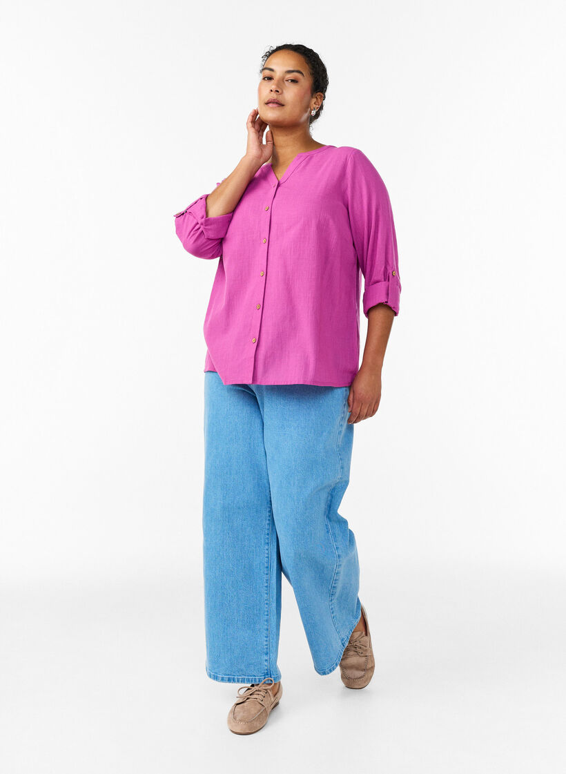 Chemisier en coton avec col en V, Rose, Model image number 1