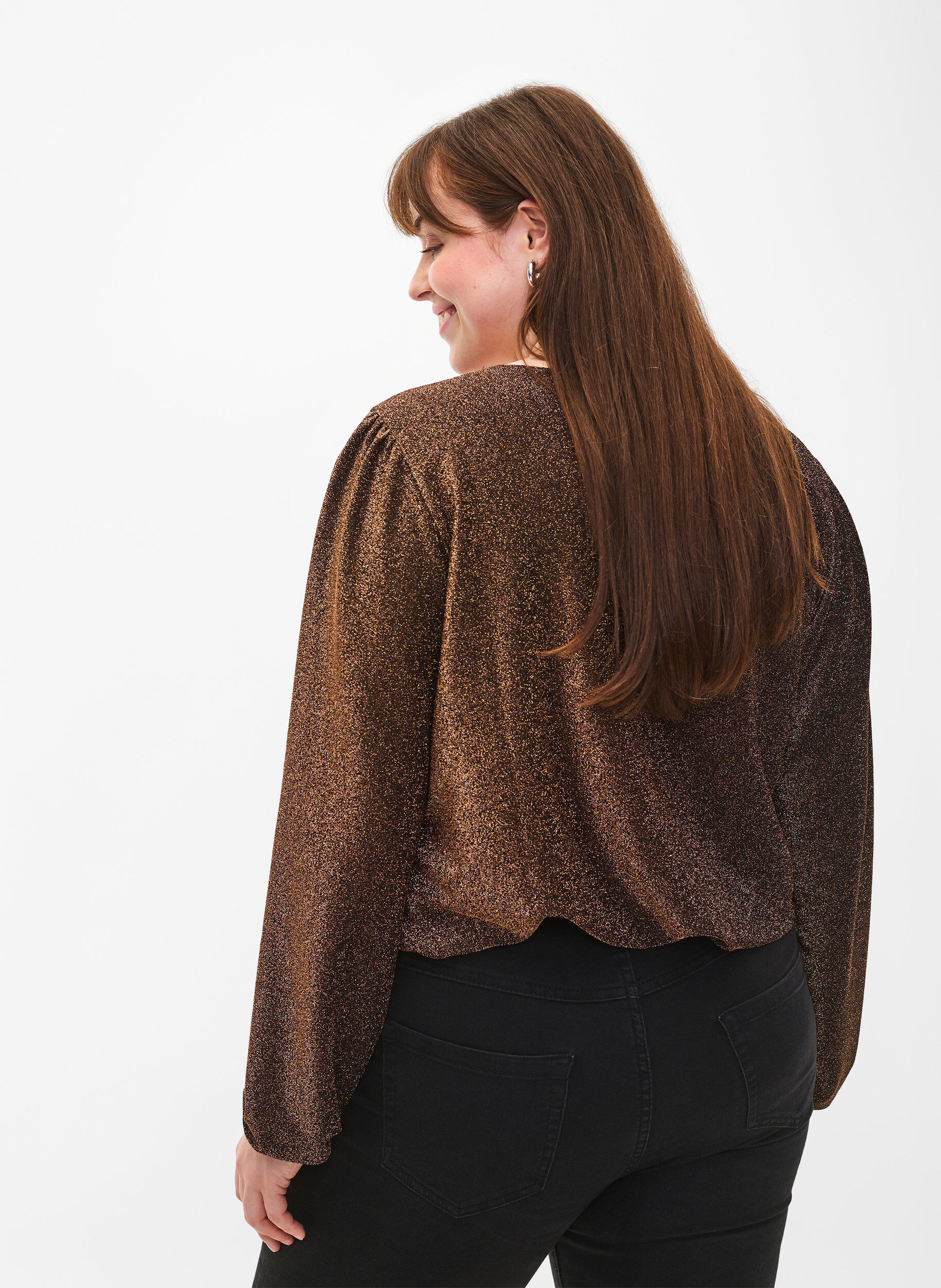 Zizzi Blouse scintillante avec manches bouffantes, Black Copper, Model image number 1