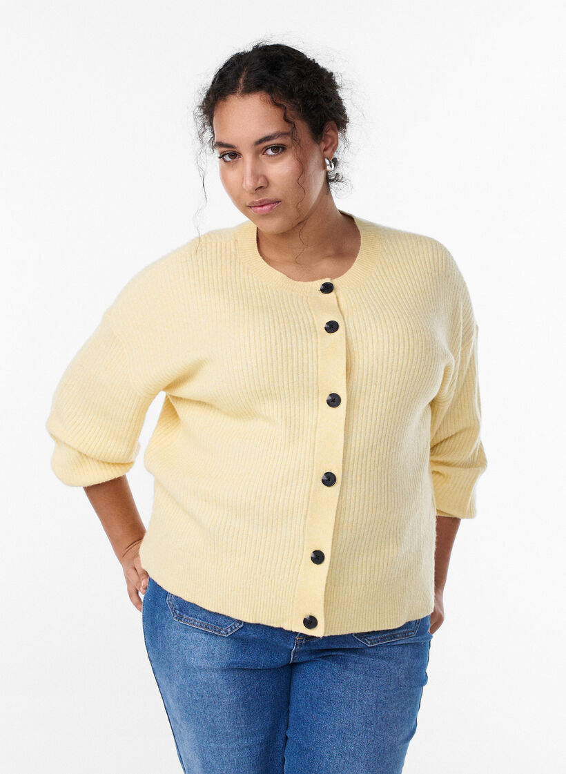 Cardigan en tricot c&ocirc;tel&eacute; avec boutons, Jaune clair, Model image number 0