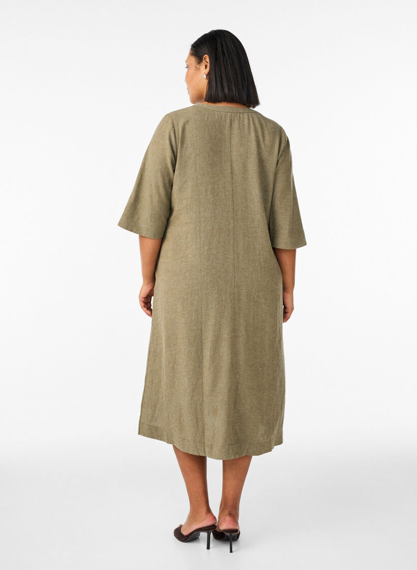Robe midi en lin et viscose avec manches mi-longues, Vert, Model image number 2