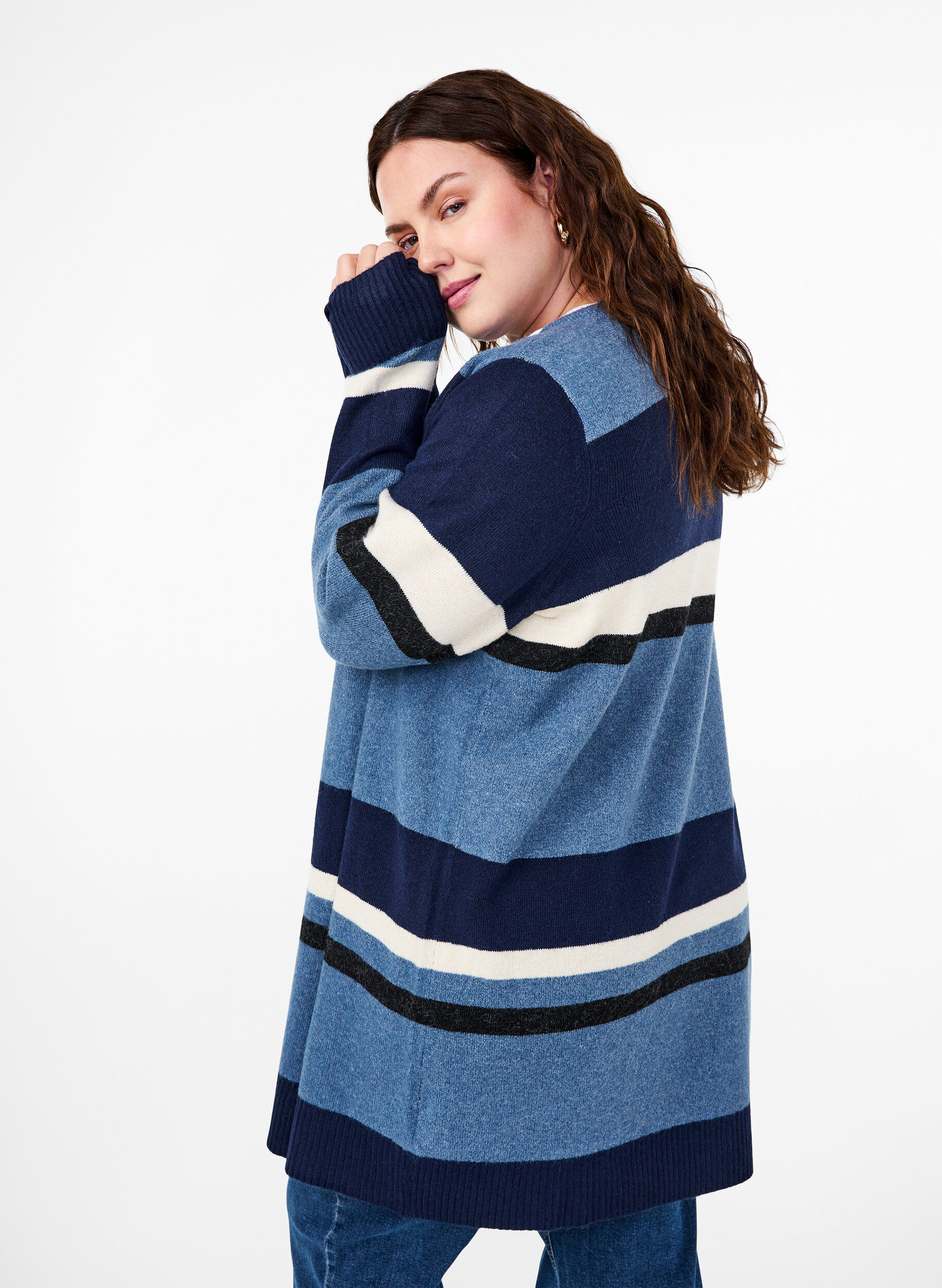 Zizzi Cardigan long en tricot avec rayures larges, Bleu, Model image number 2