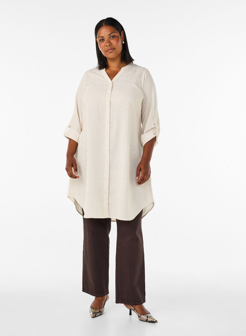 Chemise longue en lin et viscose, Beige, Model image number 0