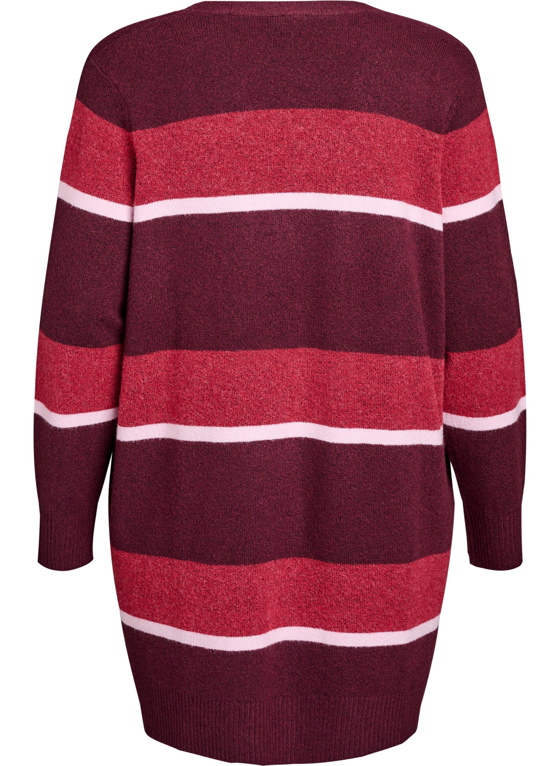 Zizzi Cardigan long en tricot avec rayures larges, Bordeaux fonc&eacute;, Packshot image number 1