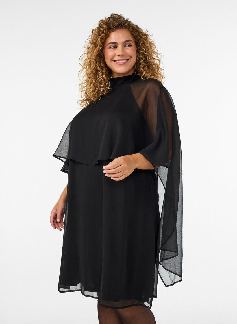 Robe mi-longue en mousseline avec cape transparente, Noir, Model image number 0