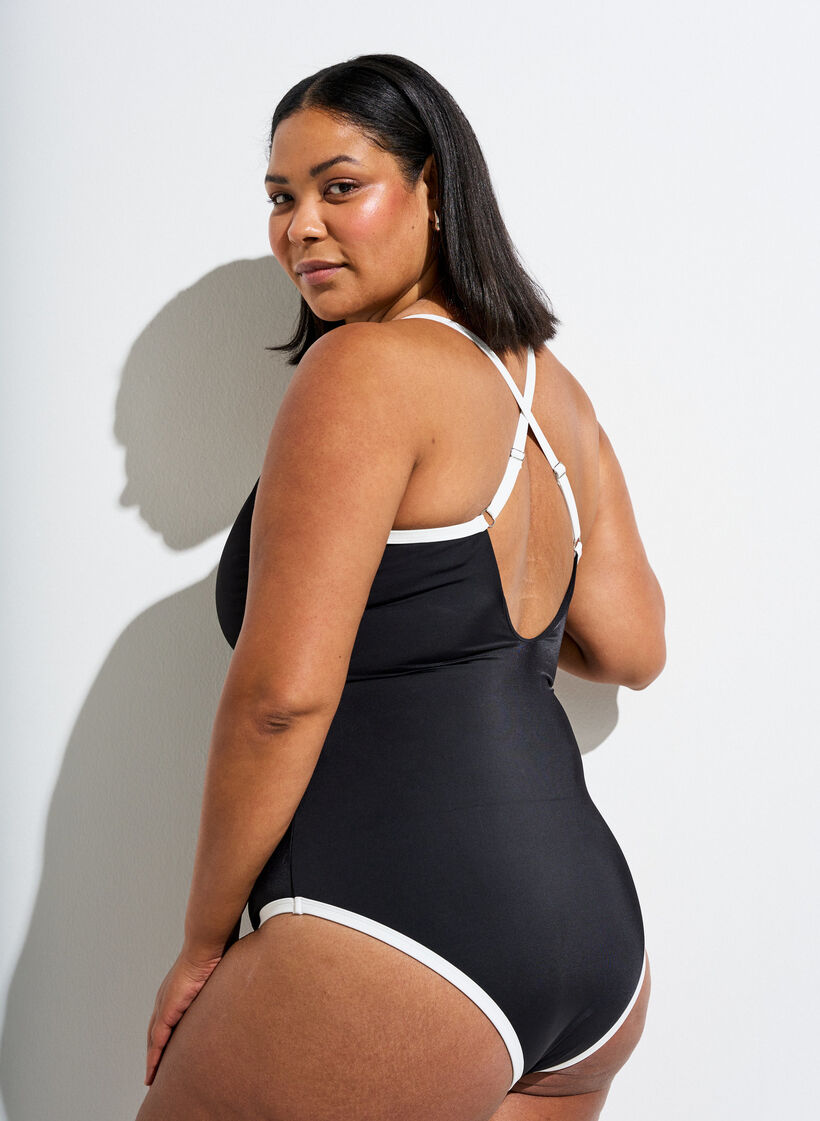 Maillot de bain de sport avec ganse contrastante et bretelles crois&eacute;es, Noir, Model image number 2