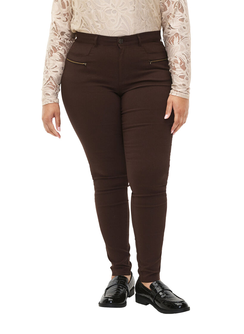 Pantalon moulant avec détails de fermetures éclairs , Marron, Model image number 3