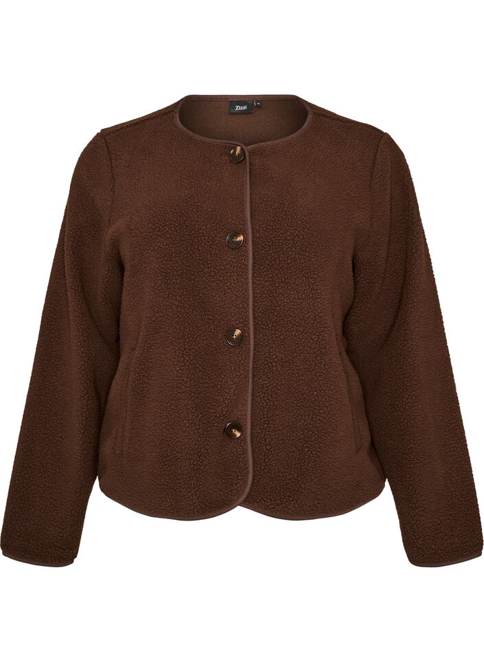 Veste teddy &agrave; col rond boutonn&eacute;e, Marron, Packshot image number 0