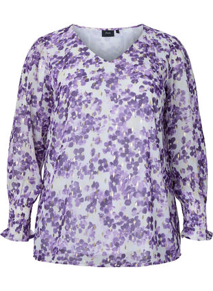 Blouse à fleurs à manches longues et col en V, Beige/Purple Flower, Packshot image number 0