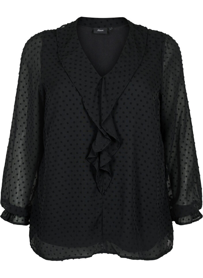Blouse avec volants et texture en pointillés, Black, Packshot image number 0