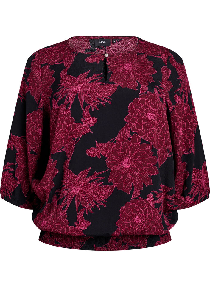 Blouse en viscose &agrave; imprim&eacute; floral et smocks, Bordeaux fonc&eacute;, Packshot image number 0
