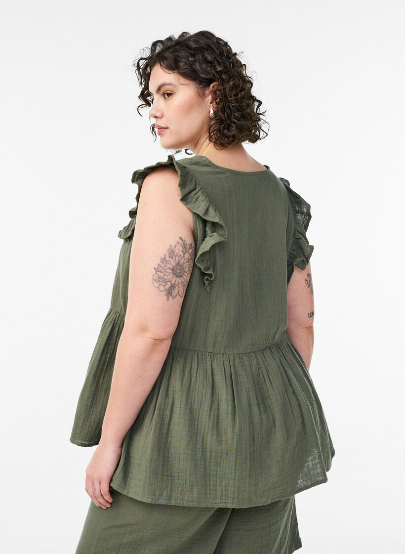 Blouse sans manches en mousseline de coton avec volants, Vert, Model image number 2