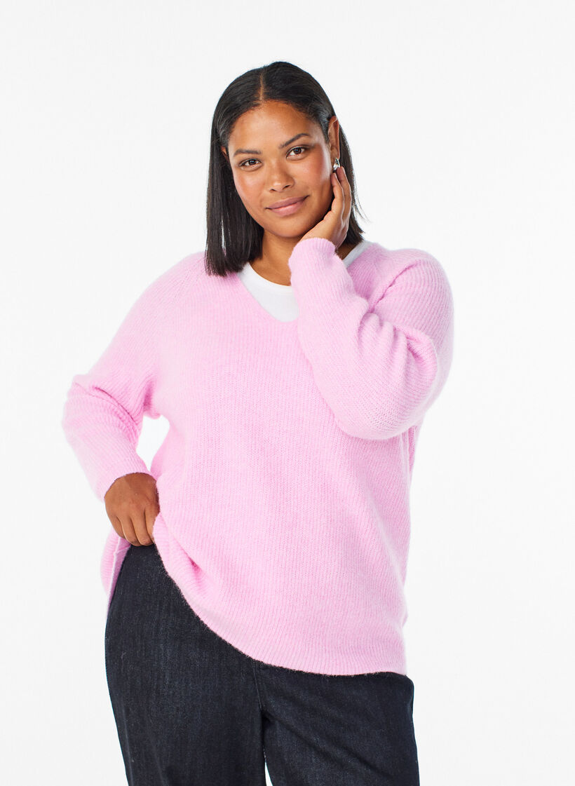 Blouse en maille &agrave; col V et manches raglan, Rose, Model image number 0