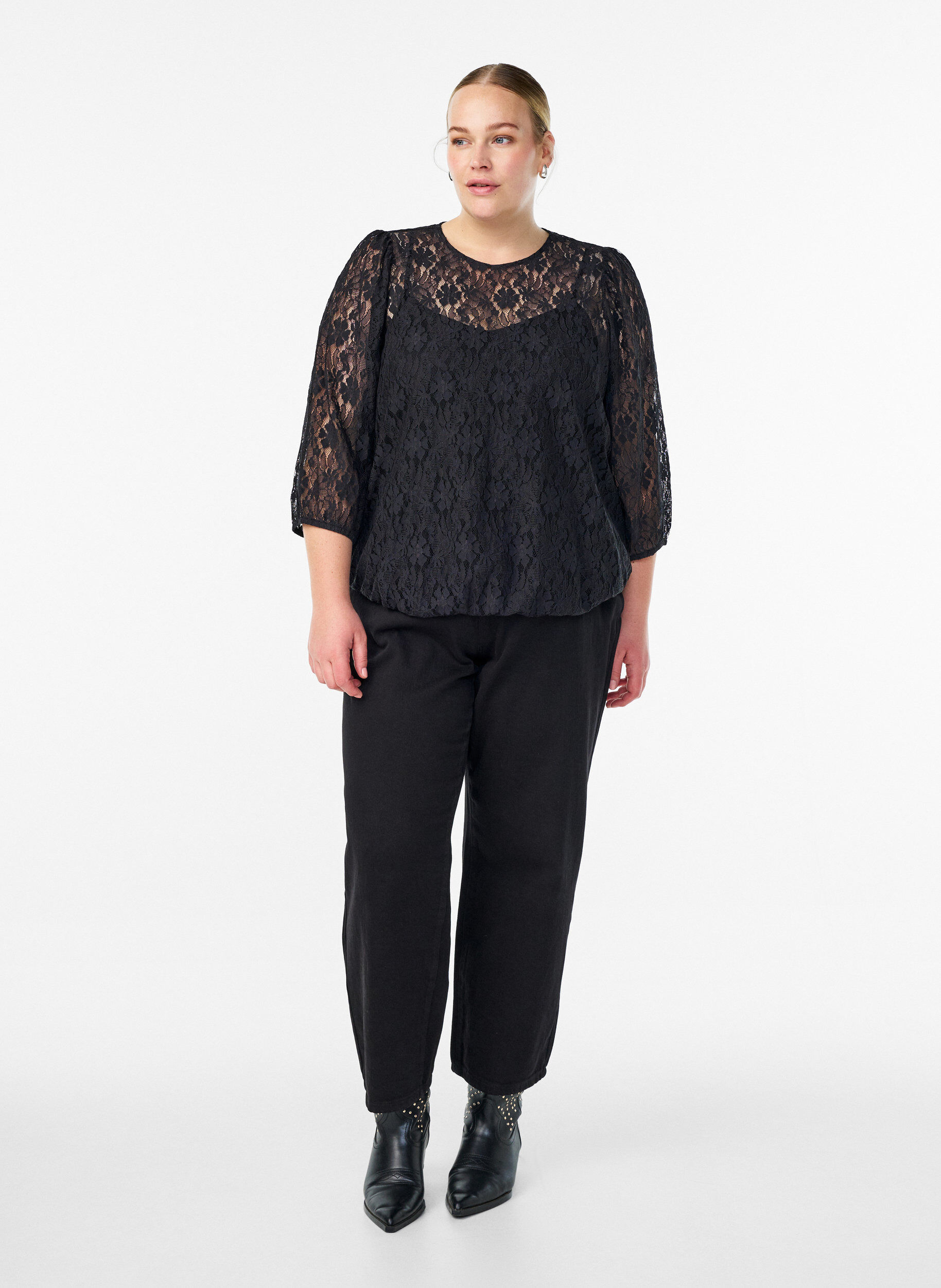 Zizzi Blouse en dentelle avec manches 3/4, Noir, Model image number 1