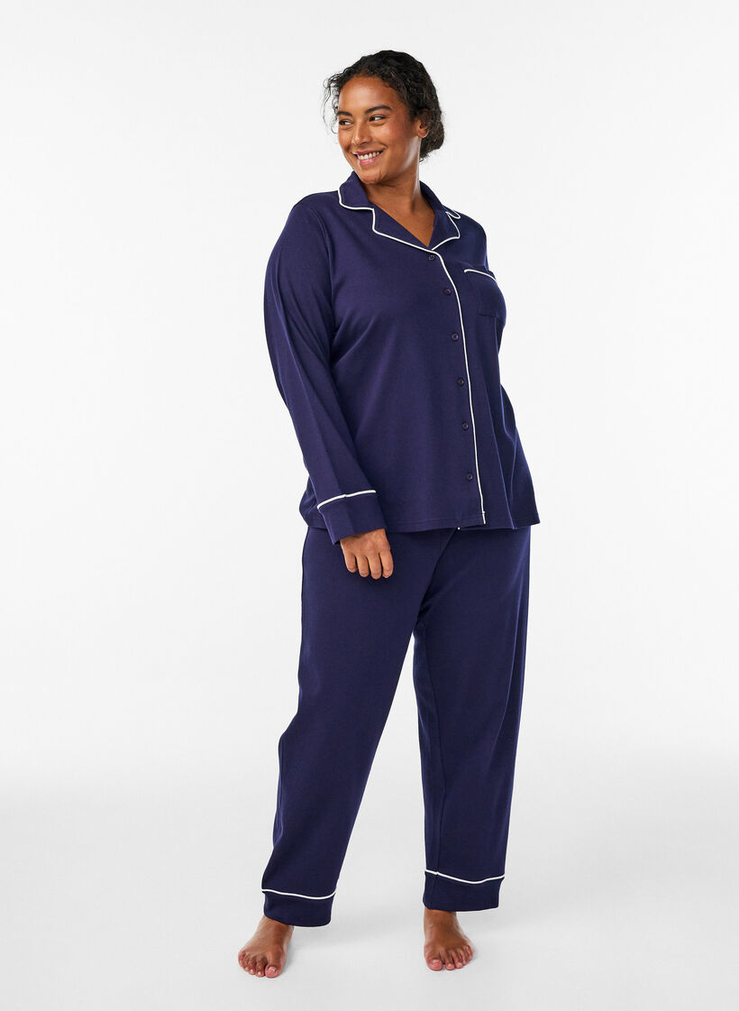 Pantalon de pyjama taille haute en coton, Bleu, Model image number 0