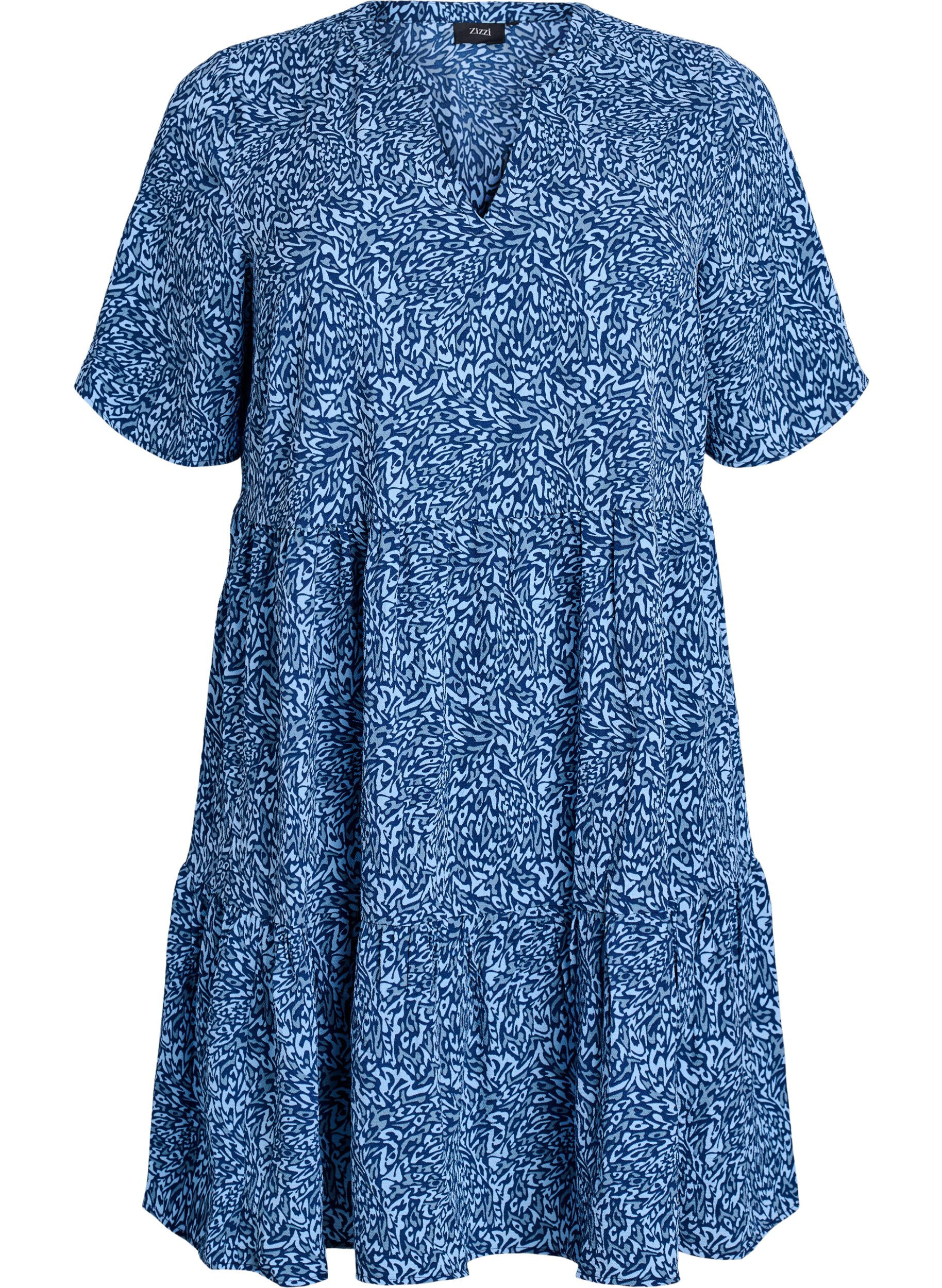 Zizzi Robe &agrave; manches courtes coupe trap&egrave;ze avec d&eacute;coupes, Bleu, Packshot image number 0