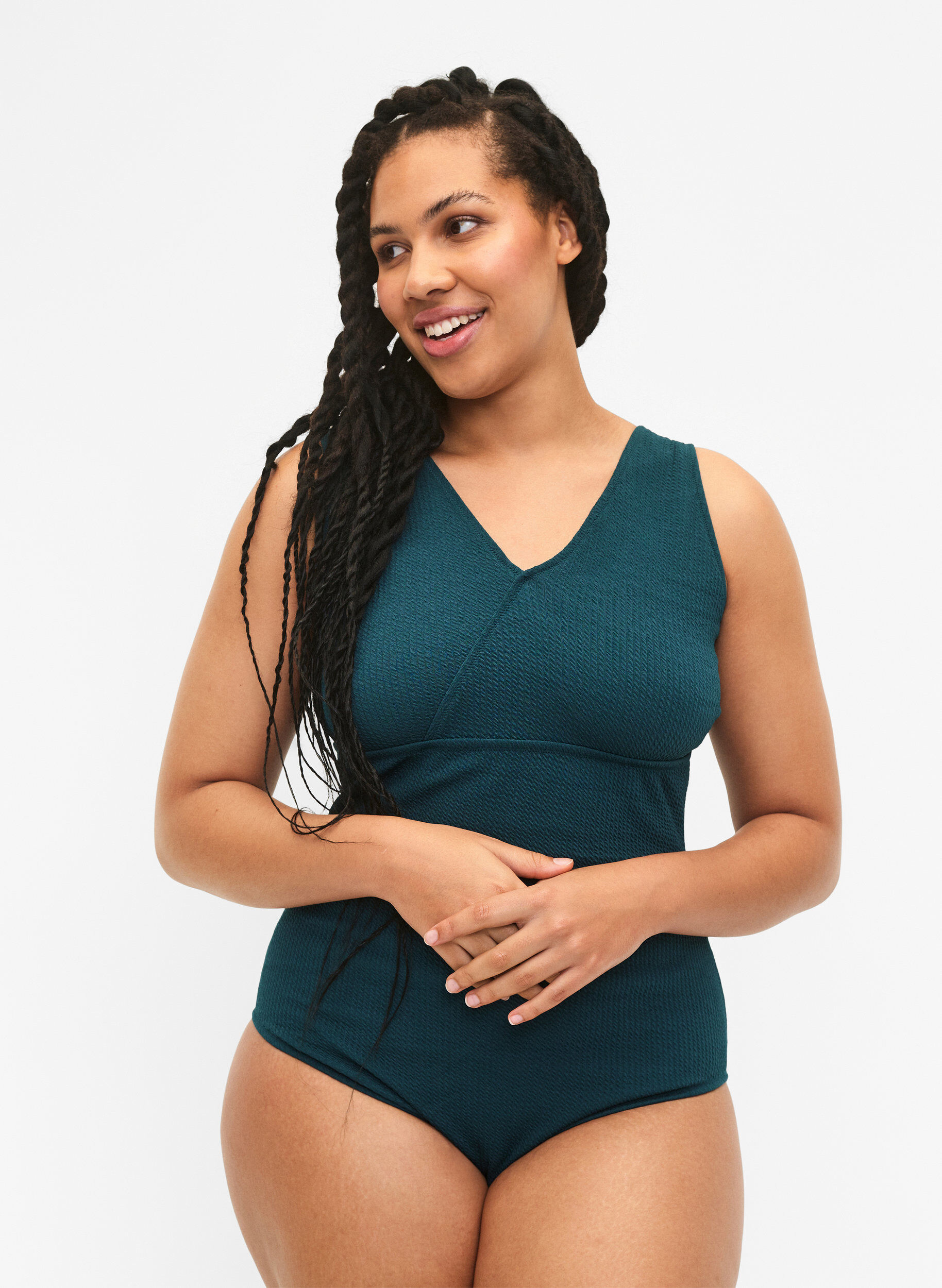 Zizzi Maillot de bain avec texture en cr&ecirc;pe et effet enveloppant., Dark Sea, Model image number 0