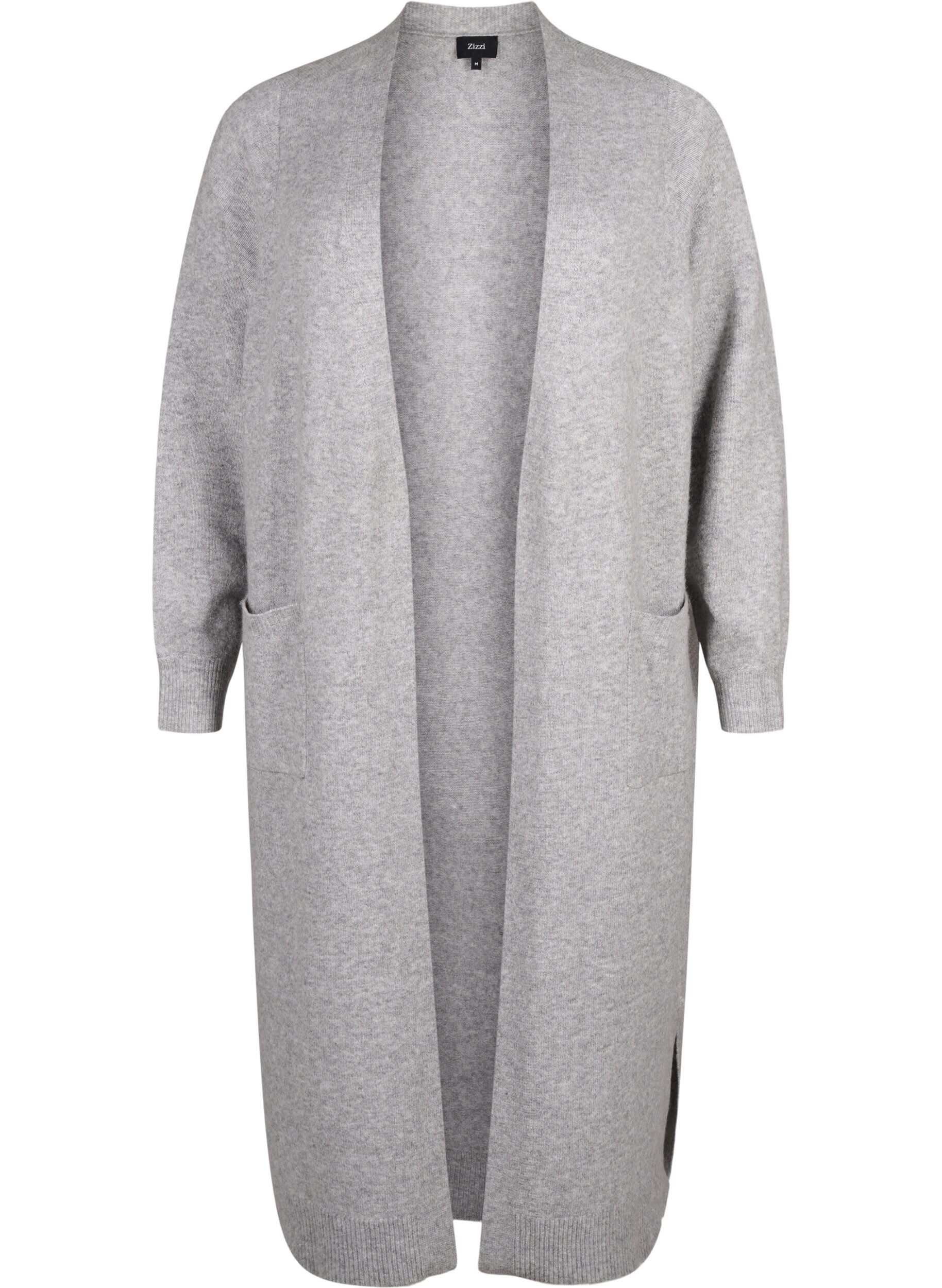 Zizzi Long cardigan tricot&eacute; avec poches, Light Grey Melange, Packshot image number 0