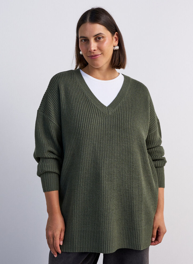 Blouse longue en maille c&ocirc;tel&eacute;e avec col en V, Vert, Model image number 0
