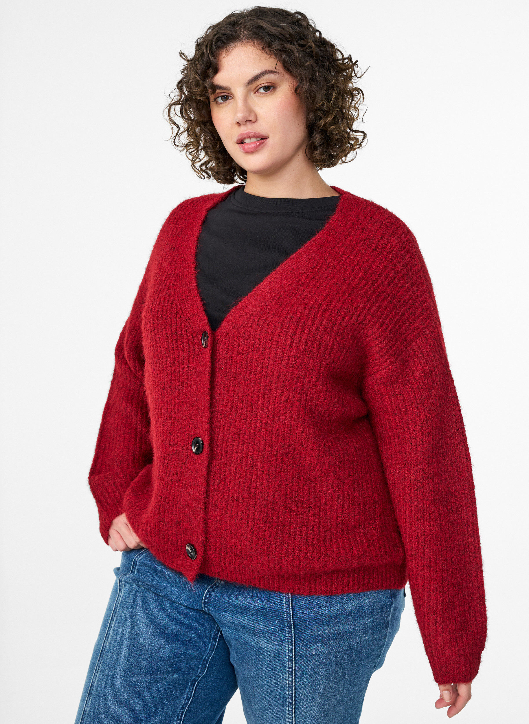 Cardigan en maille &agrave; col V, Bordeaux, Model