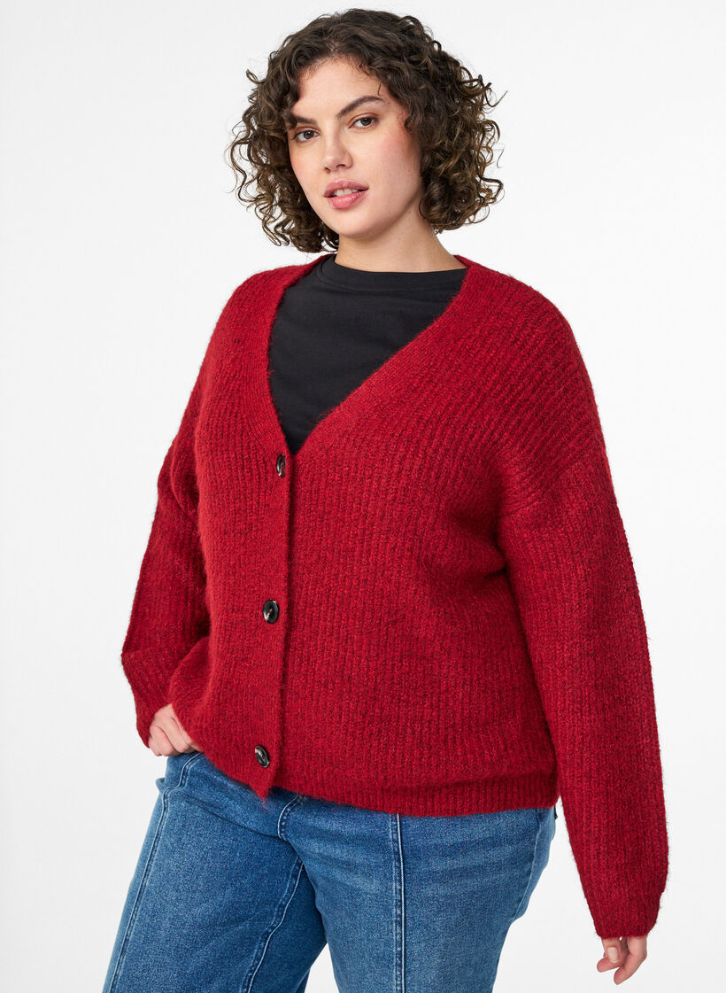 Cardigan en maille à col V, Bordeaux, Model image number 0