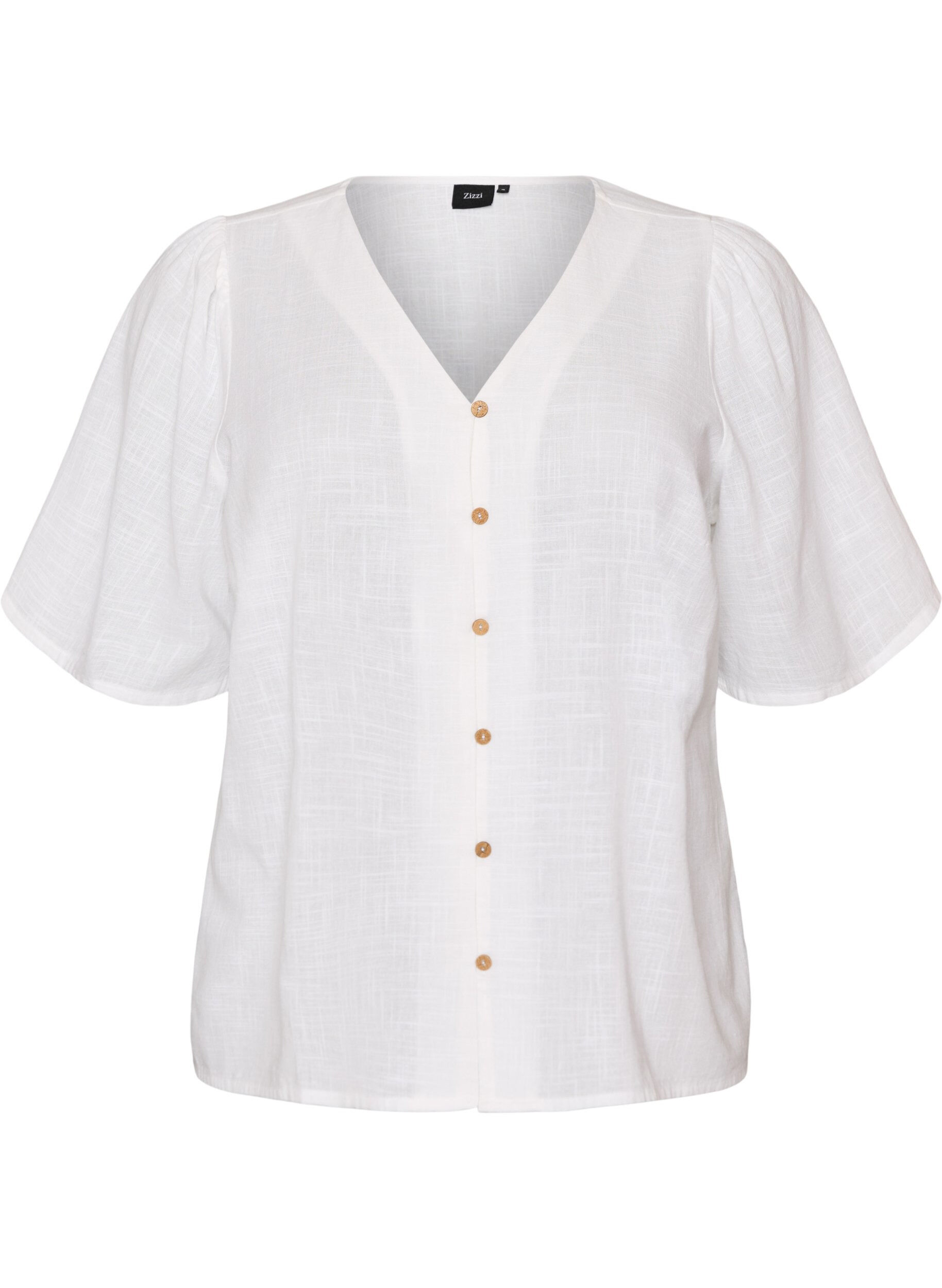 ZizziChemise en coton &agrave; manches courtes avec col V, Blanc, Packshot image number 0