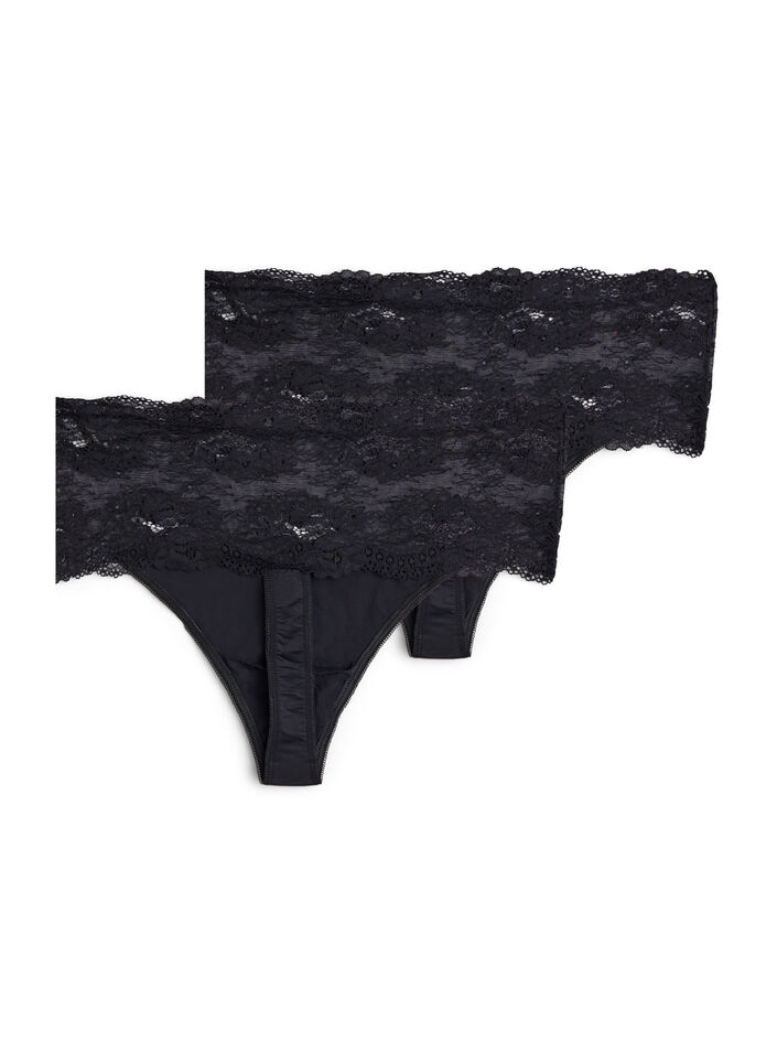 String lot de 2 avec bord large en dentelle, Noir, Packshot image number 1