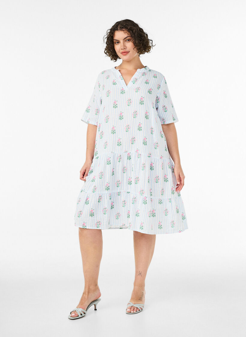 Robe courte &eacute;vas&eacute;e en mousseline de coton, Vanille, Model image number 1