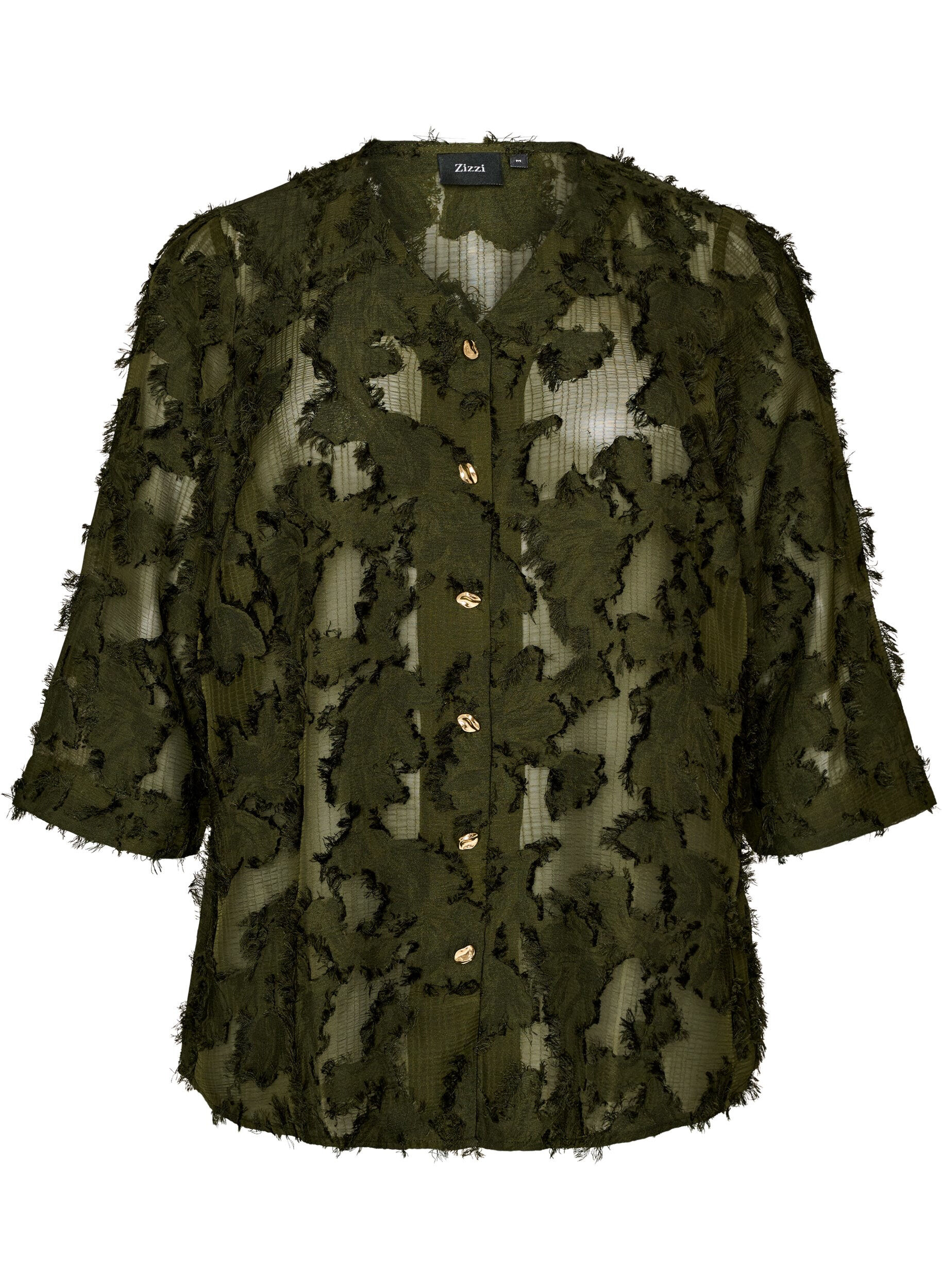 ZizziBlouse textur&eacute;e avec fils effiloch&eacute;s, Vert fonc&eacute;, Packshot image number 0