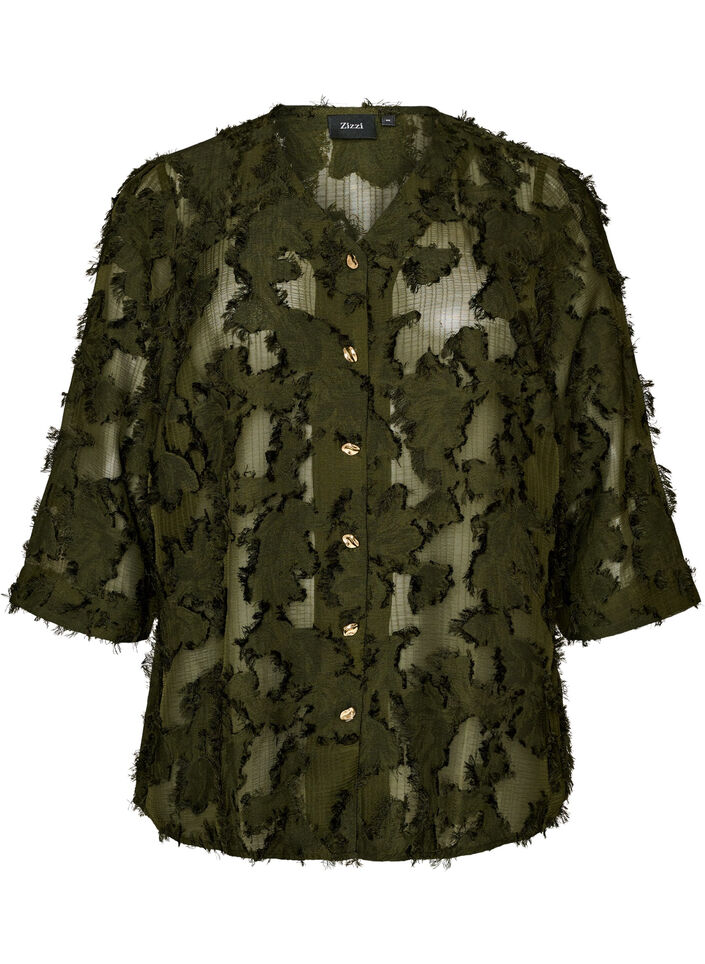 Blouse textur&eacute;e avec fils effiloch&eacute;s, Vert fonc&eacute;, Packshot image number 0