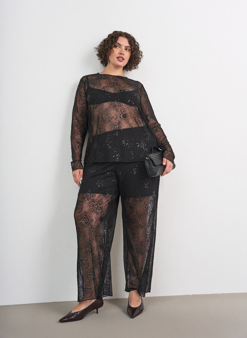 Pantalon en maille avec broderies florales et sequins, Noir, Model image number 0