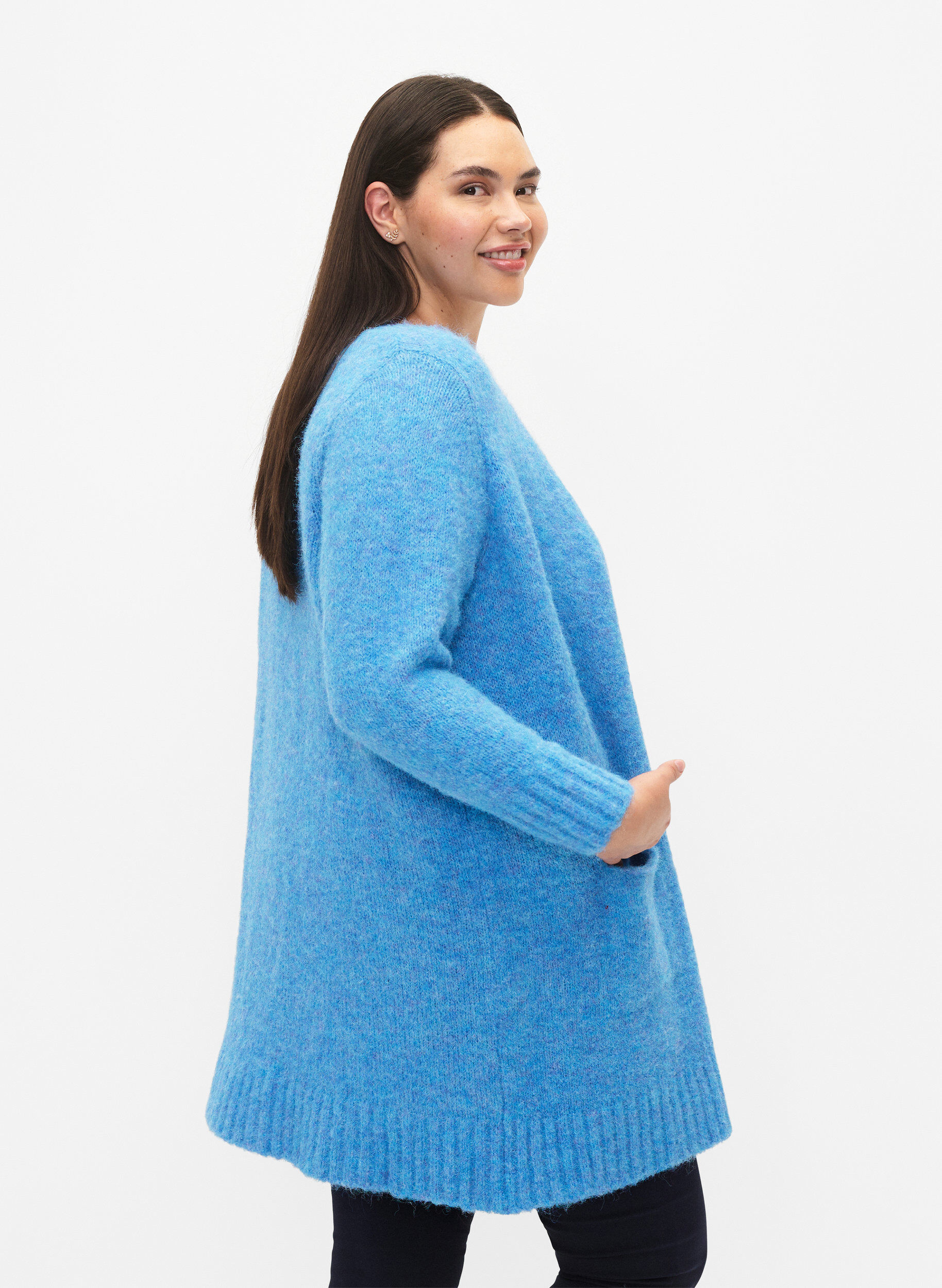 Zizzi Long cardigan en tricot avec de la laine et des poches, French Blue, Model image number 1