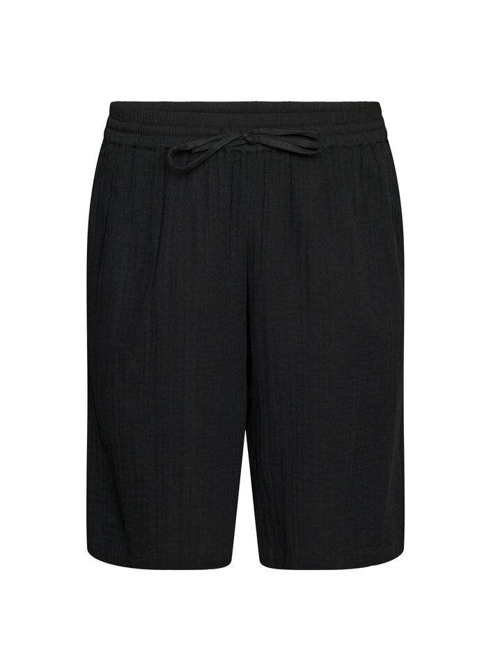 Short ample en mousseline de coton taille haute, Noir, Packshot image number 0