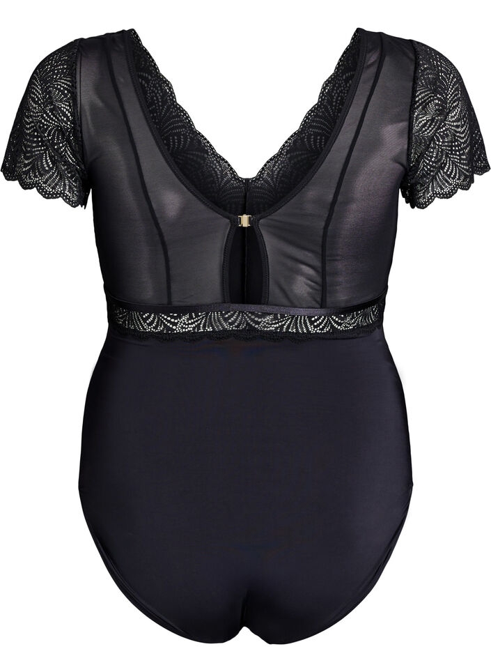 Body à manches courtes avec dentelle, Noir, Packshot image number 1