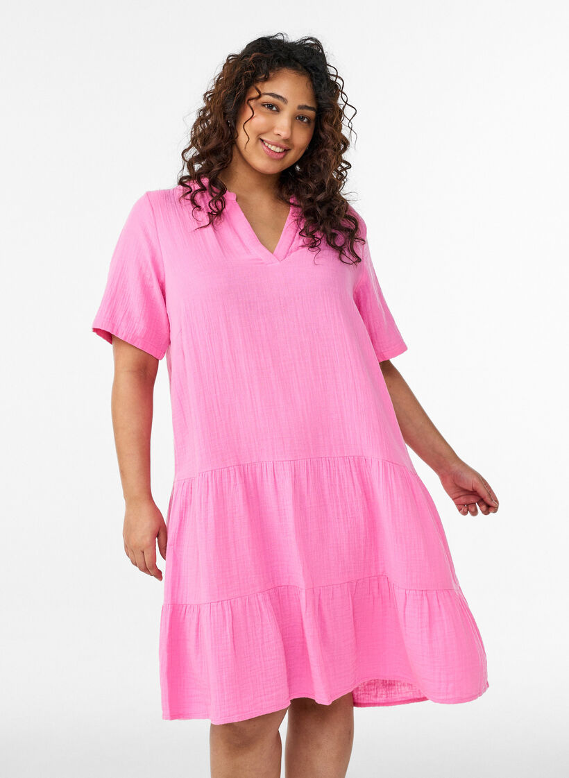 Robe courte &eacute;vas&eacute;e en mousseline de coton, Rose, Model image number 0
