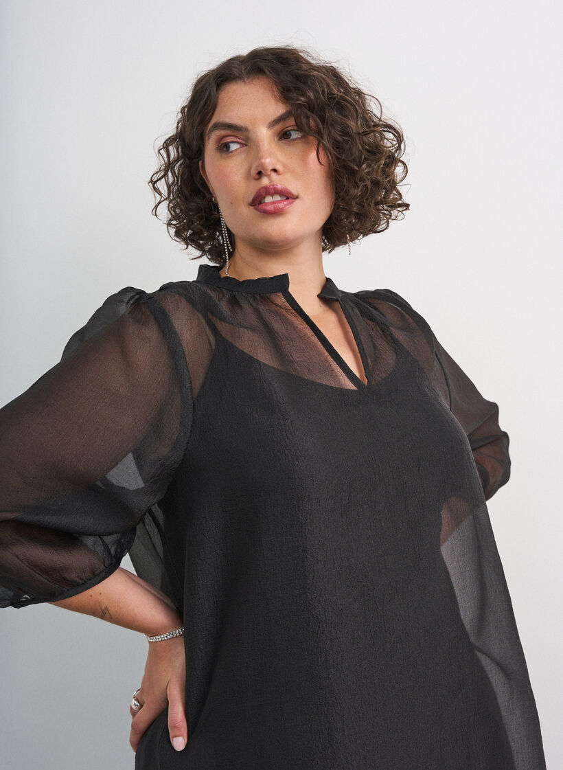 Robe courte en organza avec ourlet &agrave; volants, Noir, Model image number 3